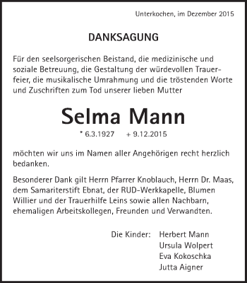 Traueranzeige von Selma Mann von Schwäbische Post