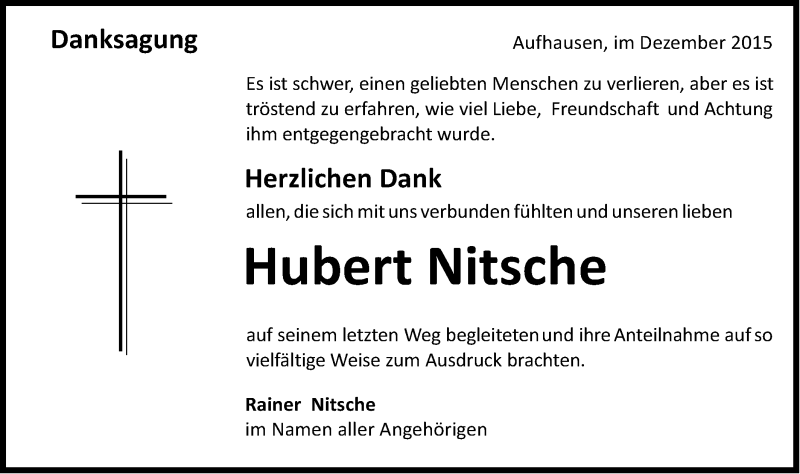  Traueranzeige für Hubert Nitsche vom 12.12.2015 aus Schwäbische Post
