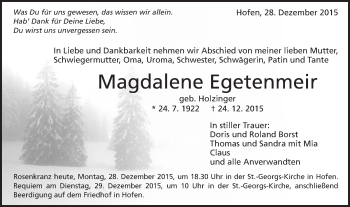 Traueranzeige von Magdalene Egetenmeir von Schwäbische Post