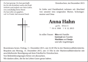 Traueranzeige von Anna Hahn von Schwäbische Post
