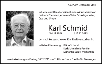 Traueranzeige von Karl Schmid von Schwäbische Post