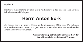 Traueranzeige von Anton Bork von Schwäbische Post