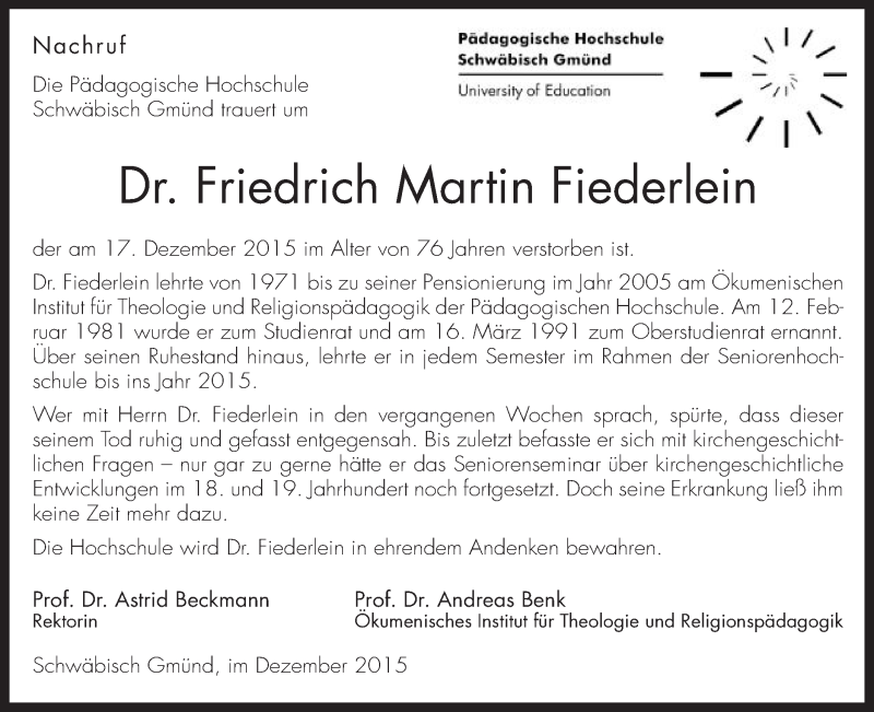  Traueranzeige für Friedrich Martin Fiederlein vom 22.12.2015 aus Gmünder Tagespost