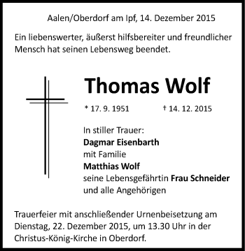Traueranzeige von Thomas Wolf von Schwäbische Post