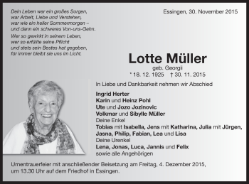 Traueranzeige von Lotte Müller von Schwäbische Post