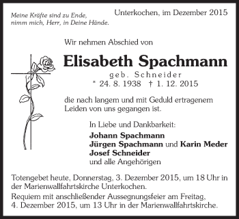 Traueranzeige von Elisabeth Spachmann von Schwäbische Post