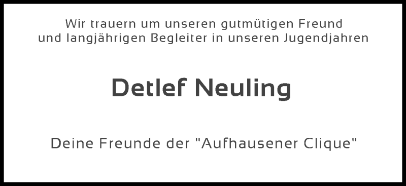  Traueranzeige für Detlef Neuling vom 28.12.2015 aus Schwäbische Post