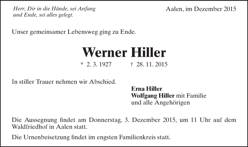  Traueranzeige für Werner Hiller vom 01.12.2015 aus Schwäbische Post