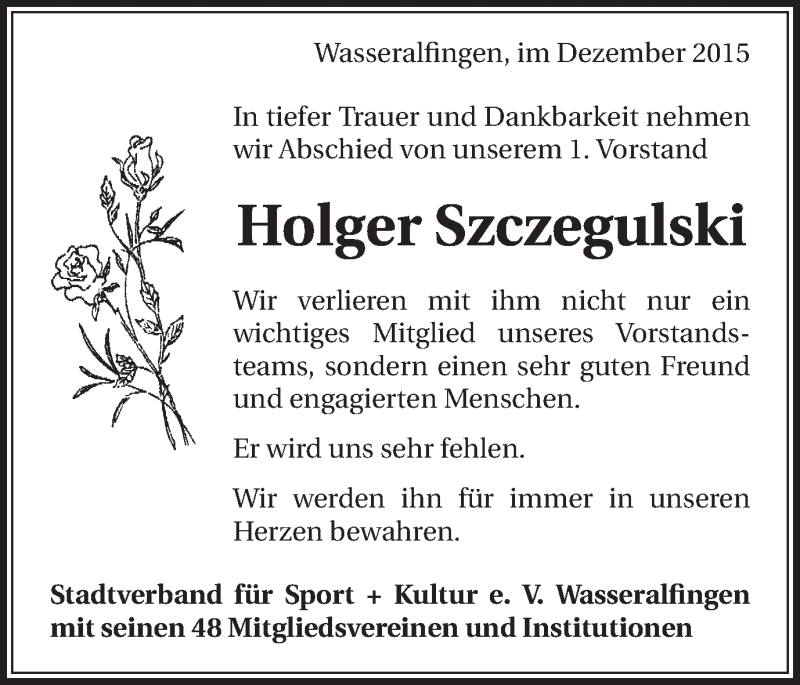  Traueranzeige für Holger Szczegulski vom 29.12.2015 aus Schwäbische Post