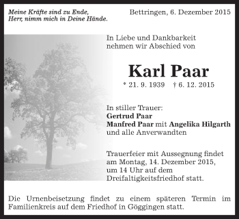 Traueranzeige von Karl Paar von Gmünder Tagespost
