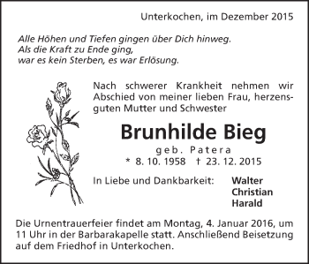 Traueranzeige von Brunhilde Bieg von Schwäbische Post