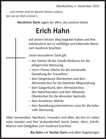 Traueranzeige von Erich Hahn von Schwäbische Post