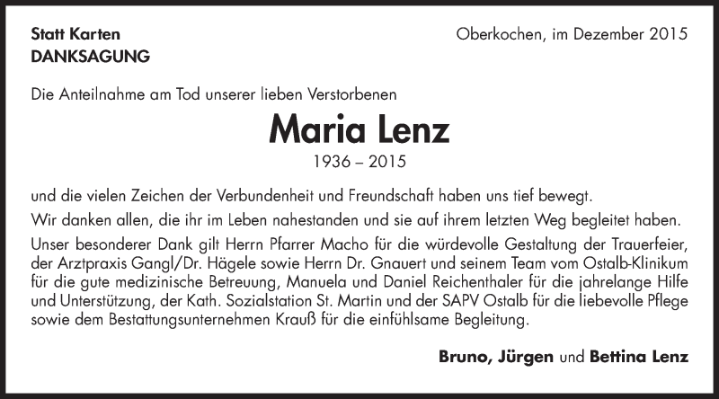 Traueranzeige für Maria Lenz vom 04.12.2015 aus Schwäbische Post