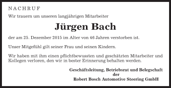 Traueranzeige von Jürgen Norbert Bach von Gmünder Tagespost