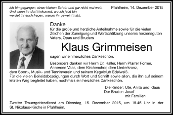 Traueranzeige von Klaus Grimmeisen von Schwäbische Post