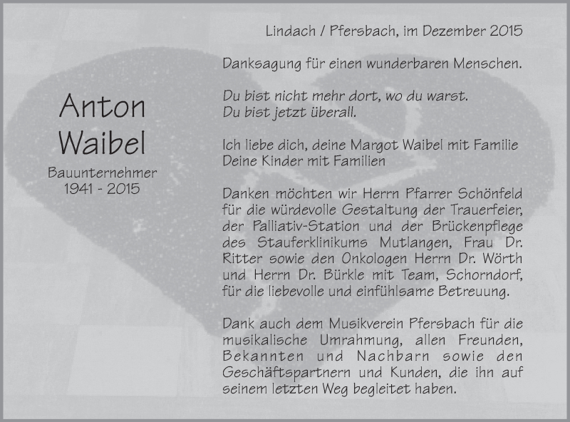  Traueranzeige für Anton Waibel vom 19.12.2015 aus Gmünder Tagespost