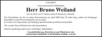 Traueranzeige von Bruno Weiland von Schwäbische Post