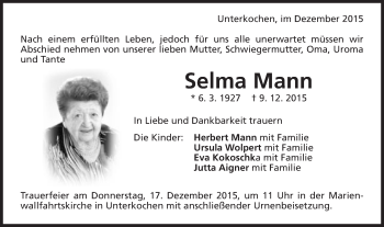 Traueranzeige von Selma Mann von Schwäbische Post