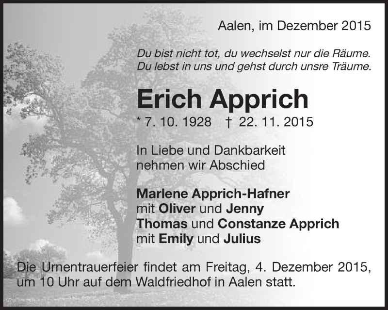  Traueranzeige für Erich Apprich vom 01.12.2015 aus Schwäbische Post