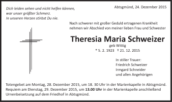Traueranzeige von Theresia Maria Schweizer von Schwäbische Post