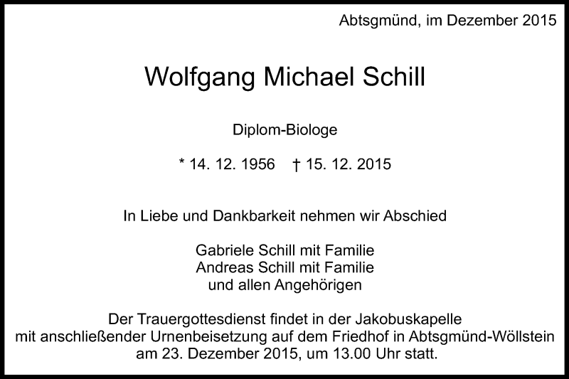  Traueranzeige für Wolfgang Michael Schill vom 21.12.2015 aus Schwäbische Post