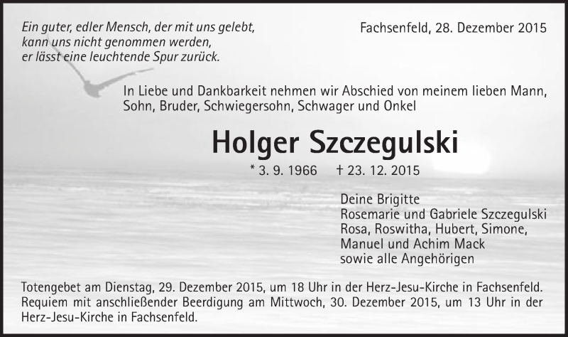  Traueranzeige für Holger Szczegulski vom 28.12.2015 aus Schwäbische Post