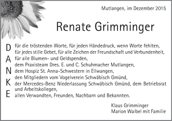 Traueranzeige von Renate Grimminger von Gmünder Tagespost