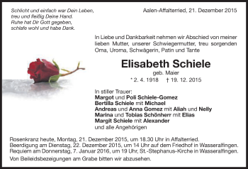 Traueranzeige von Elisabeth Schiele von Schwäbische Post