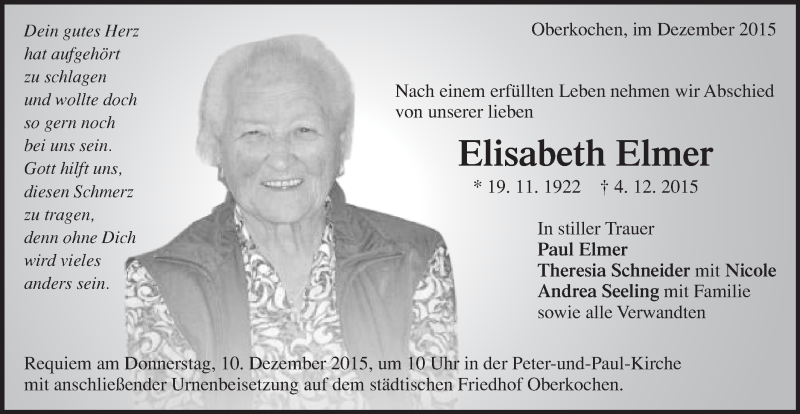  Traueranzeige für Elisabeth Elmer vom 08.12.2015 aus Schwäbische Post