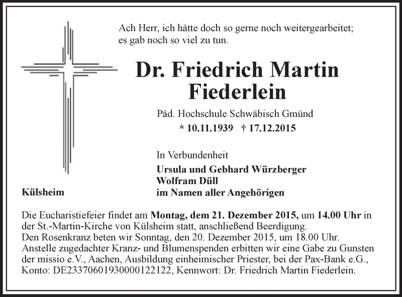  Traueranzeige für Friedrich Martin Fiederlein vom 19.12.2015 aus Gmünder Tagespost