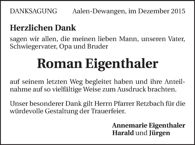  Traueranzeige für Roman Eigenthaler vom 19.12.2015 aus Schwäbische Post