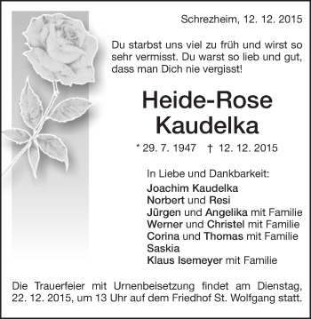 Traueranzeige von Heide-Rose Kaudelka von Schwäbische Post