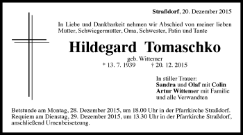 Traueranzeige von Hildegard Tomaschko von Gmünder Tagespost