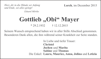 Traueranzeige von Gottlieb Mayer von Gmünder Tagespost