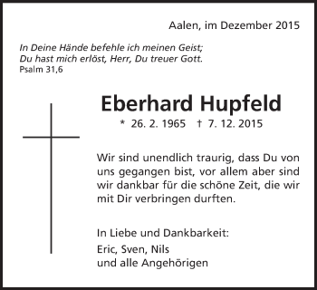 Traueranzeige von Eberhard Hupfeld von Schwäbische Post