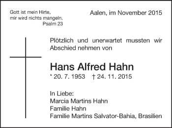 Traueranzeige von Hans Alfred Hahn von Schwäbische Post