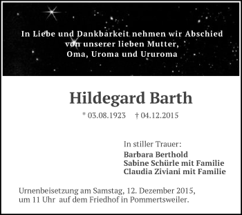 Traueranzeige von Hildegard Barth von Schwäbische Post