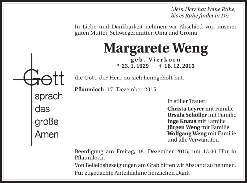  Traueranzeige für Margarete Weng vom 17.12.2015 aus Schwäbische Post