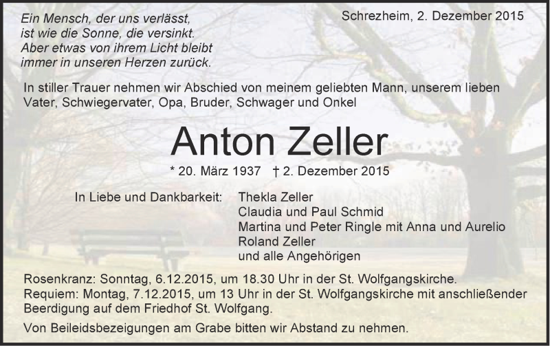 Traueranzeige für Anton Zeller vom 03.12.2015 aus Schwäbische Post