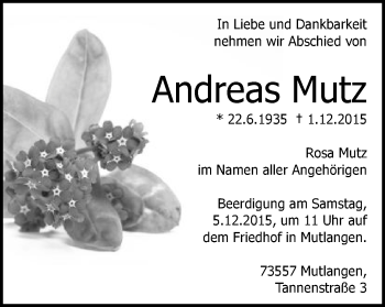 Traueranzeige von Andreas Mutz von Gmünder Tagespost