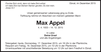 Traueranzeige von Max Appel von Schwäbische Post