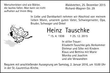Traueranzeige von Heinz Tauschke von Gmünder Tagespost
