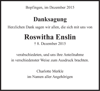 Traueranzeige von Roswitha Enslin von Schwäbische Post