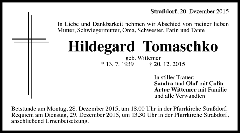  Traueranzeige für Hildegard Tomaschko vom 23.12.2015 aus Gmünder Tagespost