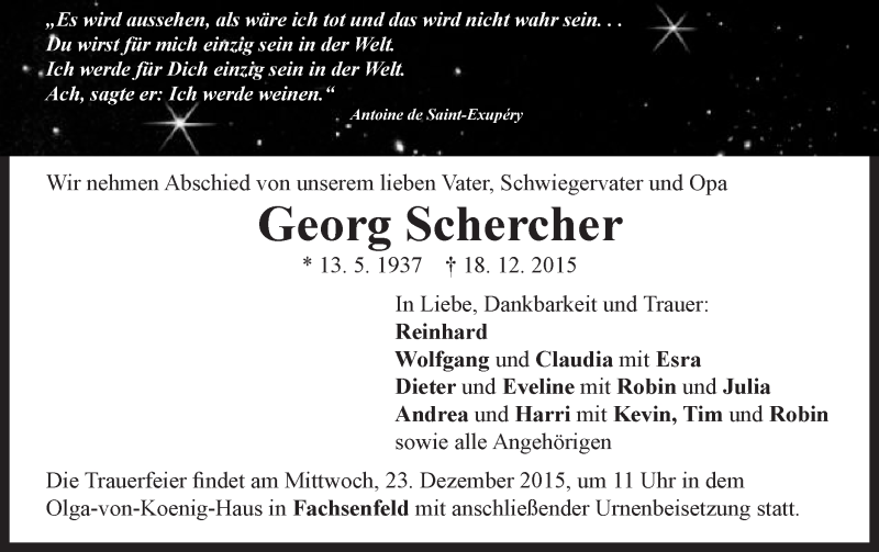  Traueranzeige für Georg Schercher vom 22.12.2015 aus Schwäbische Post