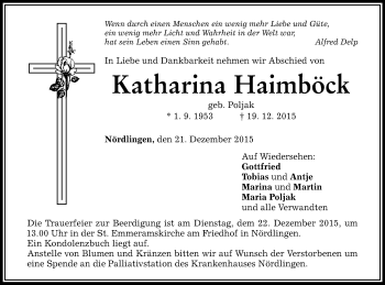 Traueranzeige von Katharina Haimböck von Schwäbische Post