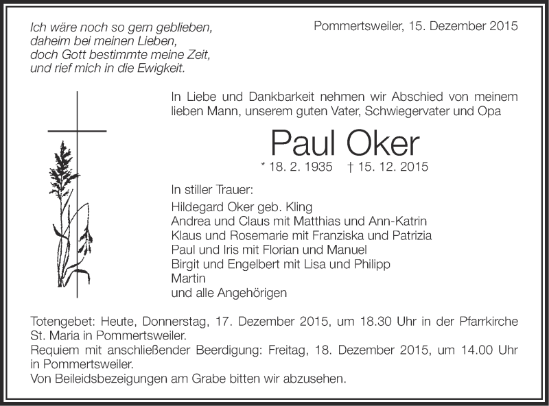 Traueranzeige für Paul Oker vom 17.12.2015 aus Schwäbische Post