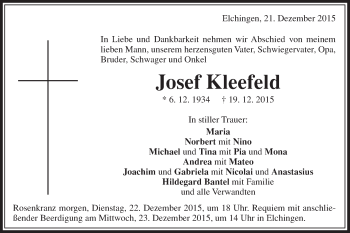 Traueranzeige von Josef Kleefeld von Schwäbische Post