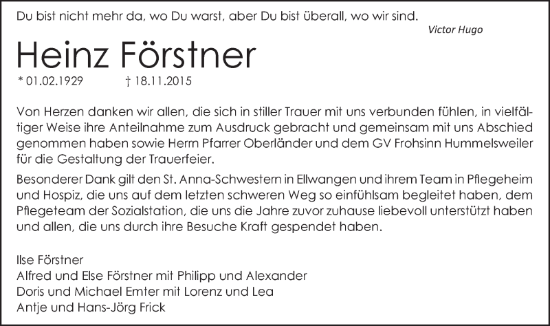  Traueranzeige für Heinz Förstner vom 04.12.2015 aus Schwäbische Post