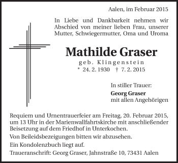 Traueranzeige von Mathilde Graser von Schwäbische Post
